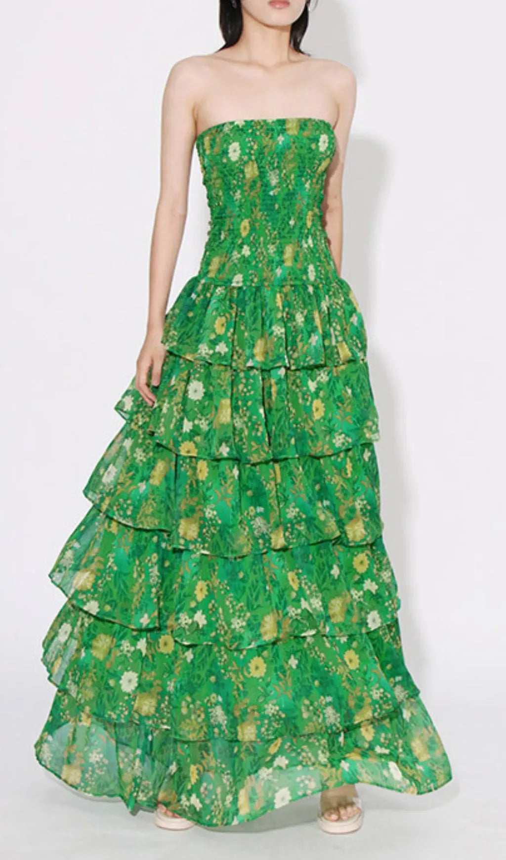 Bela Green Strapless Floral Ruffle Maxi Dress Flowering Girl