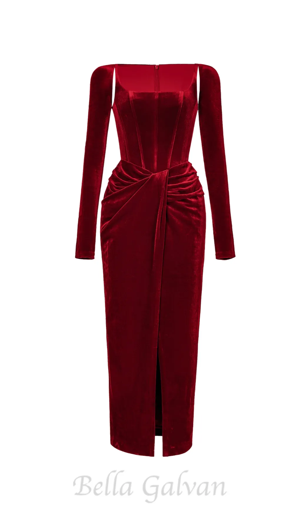 Bordeaux Velvet Draped midi Dress Flowering Girl