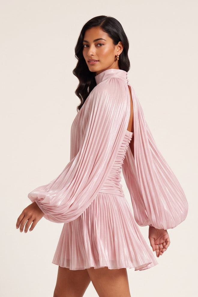 High Neck Keyhole Cape Puff Sleeve Ruched Pleated Mini Dress Flowering Girl