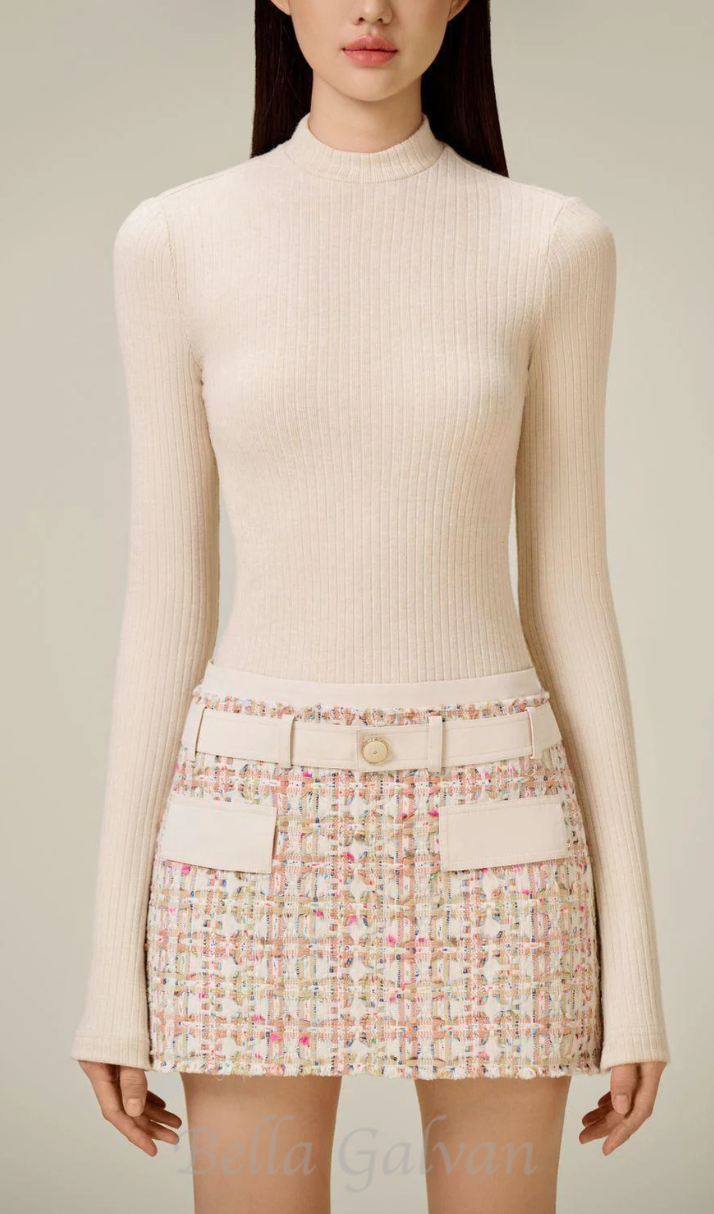 Carlin patchwork Tweed mini skirt in pink Flowering Girl