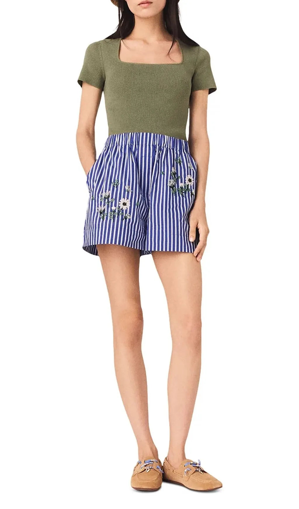 Embroidered Striped Shorts Flowering Girl
