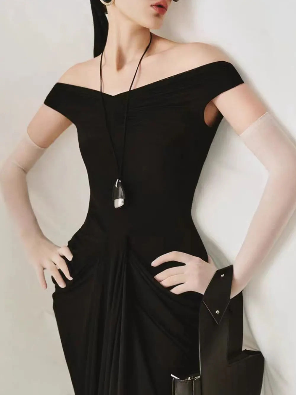 Draped Bardot Maxi Dress Black Flowering Girl