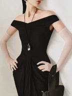 Draped Bardot Maxi Dress Black Flowering Girl