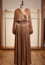Bronze Brown Pleated Satin-Georgette Blend Maxi Dress Flowering Girl
