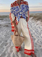 Unique Casual Print Loose Oversized Shirt Wide-Leg Pants Set Flowering Girl