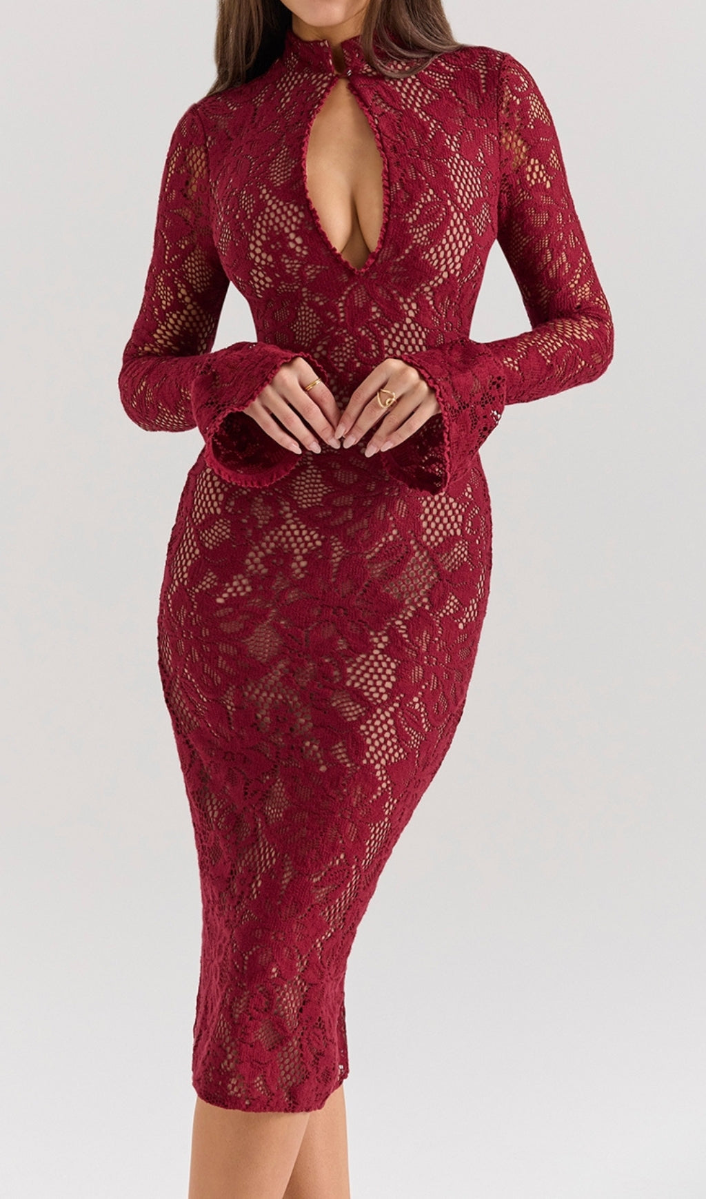 Cayman Red Lace Long Sleeve Midi Dress Flowering Girl