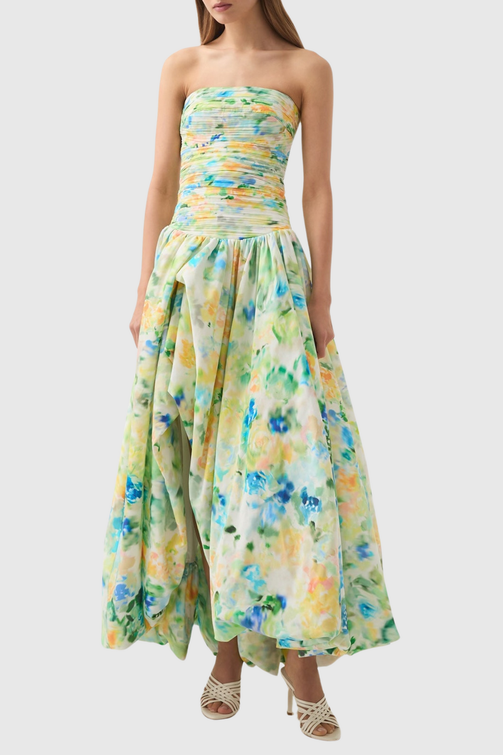 Coleka Floral Print Strapless Ruched Maxi Dress - Green Flowering Girl