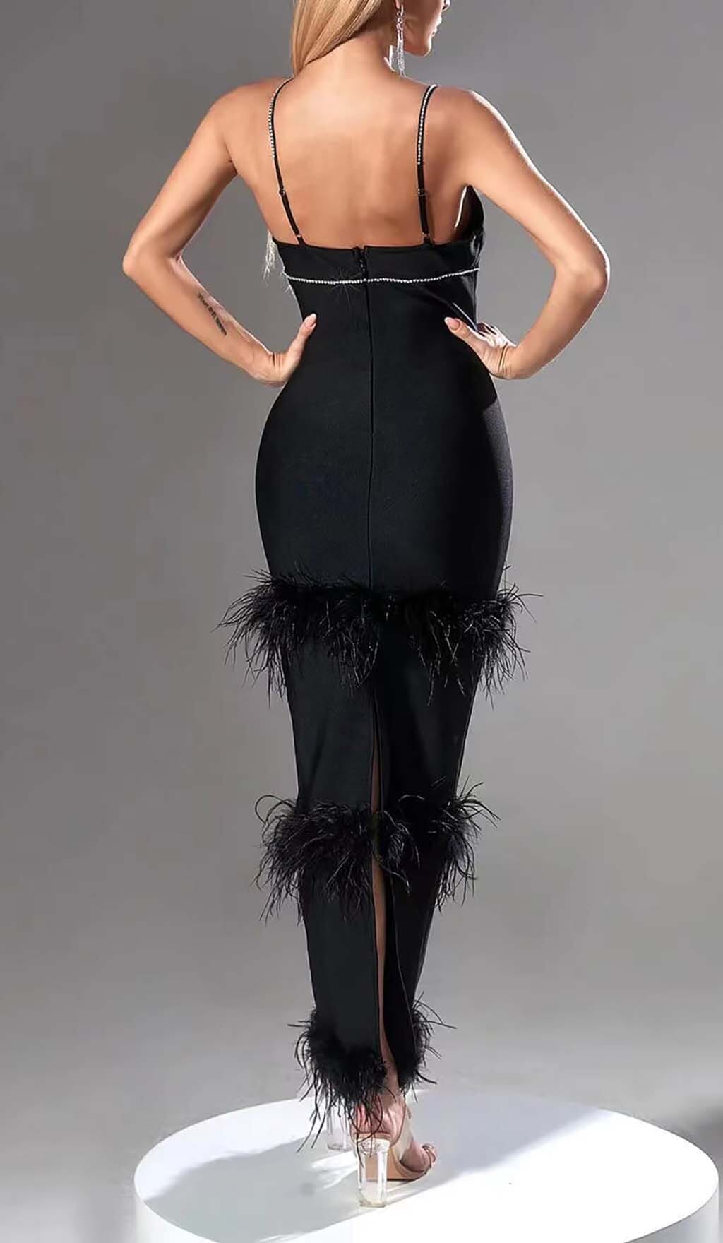 Rhinestone Tiered Feather Midi Dress In Black Flowering Girl