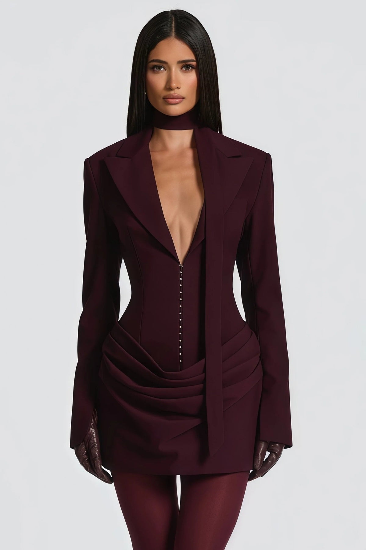 Amelia v-Neck Ruched Blazer Mini Dress In Wine Red Flowering Girl