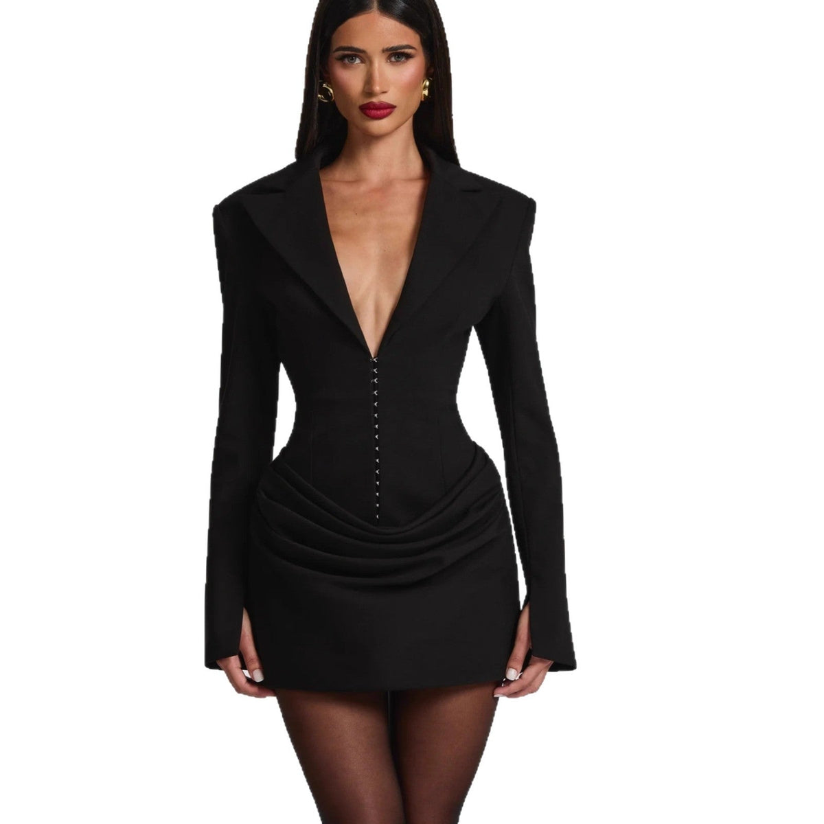 Black Deep V Long Sleeve Mini Dress Flowering Girl