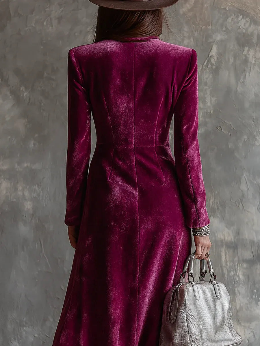 Purple Button-Down Velvet Long Blazer Maxi Dress Flowering Girl