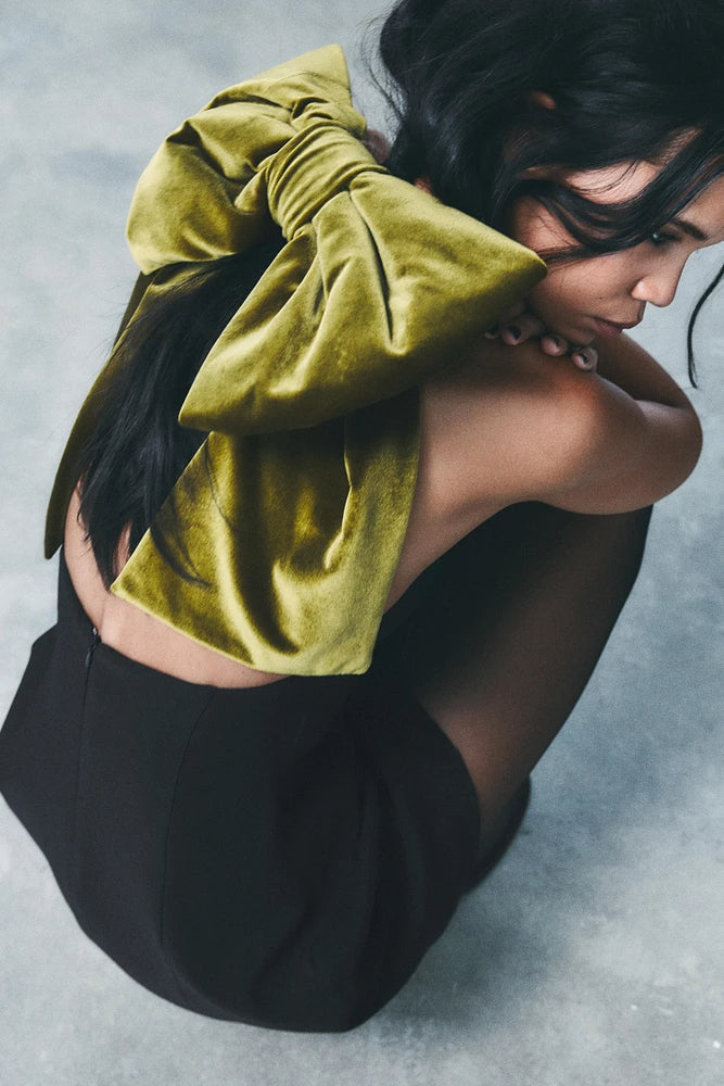 Velvet Bow Mini Dress In Black Flowering Girl