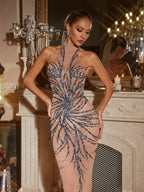 Christene High Neck Rhinestone Dress In Grey Flowering Girl