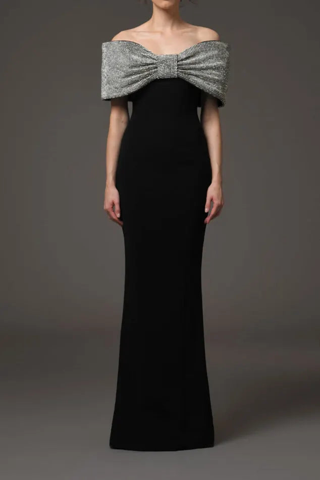 crystal bow crêpe maxi dress in Black Flowering Girl