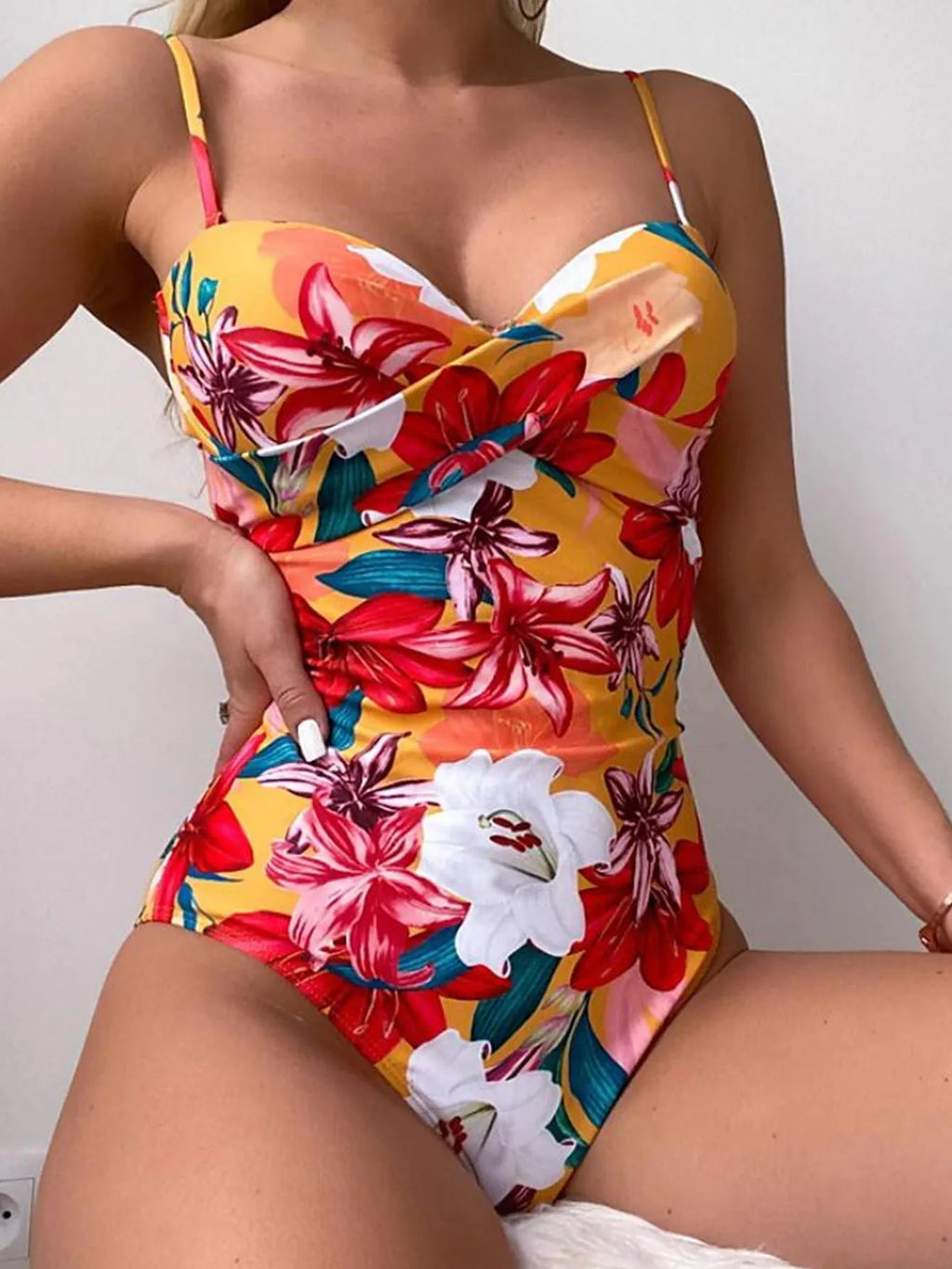 Floral Print Pleated Strap Bikini Flowering Girl