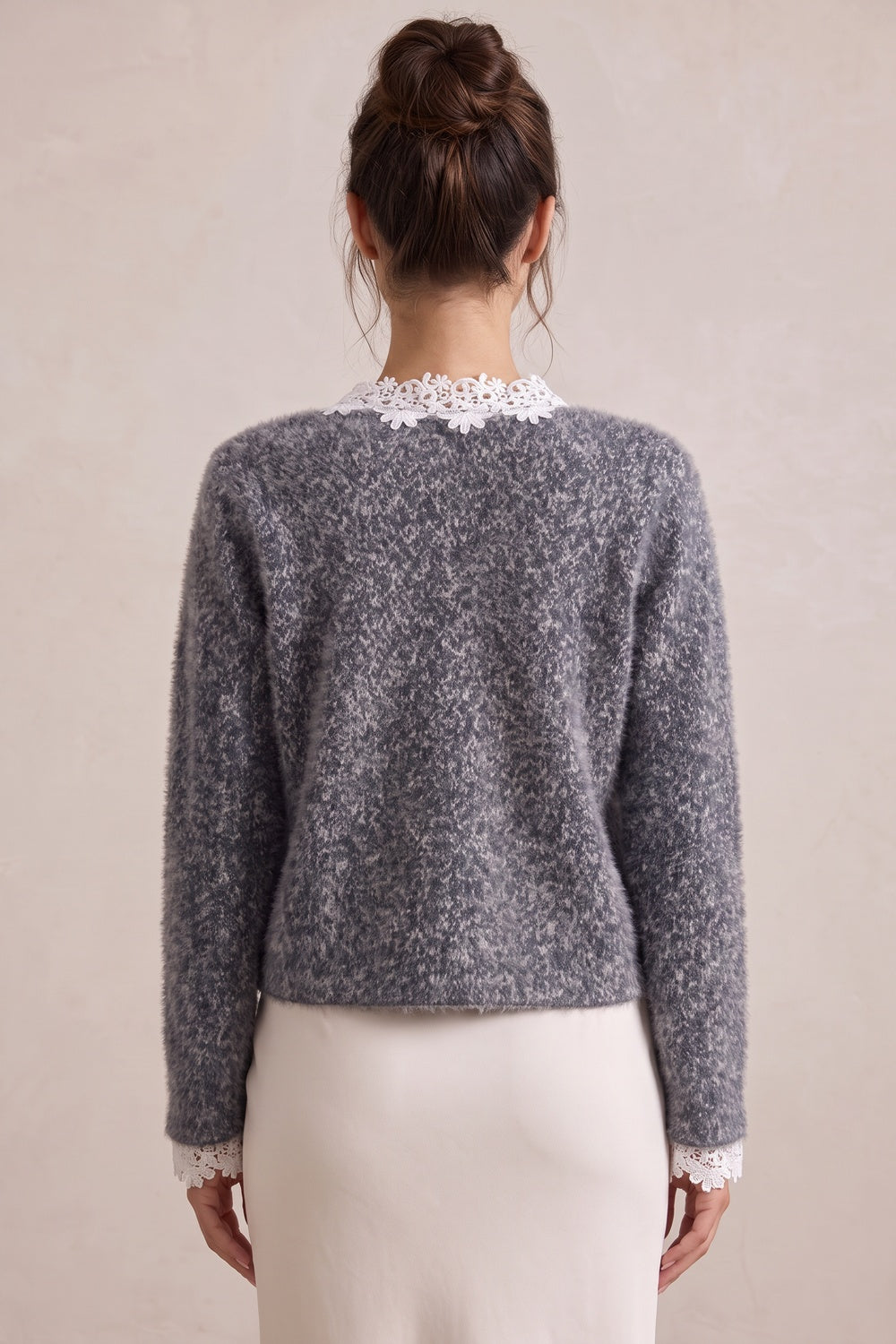 Grey Fuzzy Marled Knit Boxy, Slightly Cropped Cardigan Flowering Girl