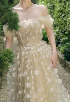 Sabrina Flower Embellished Strapless Maxi Dress In Beige Flowering Girl