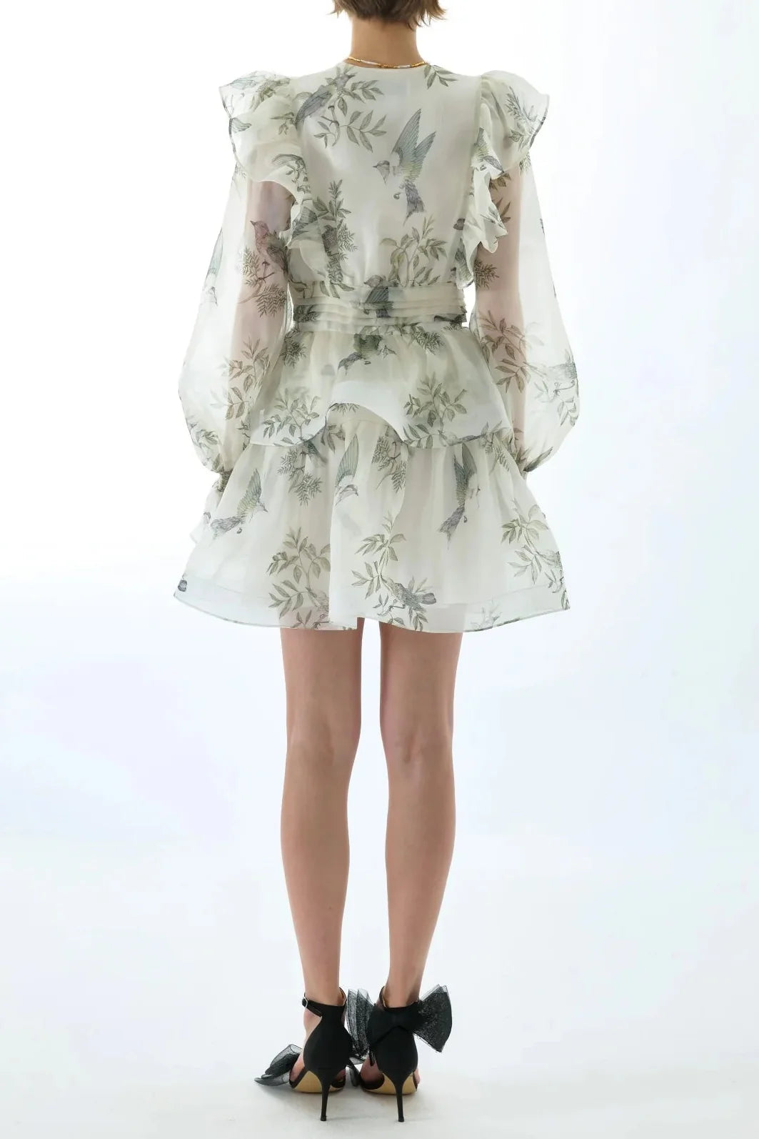 Norma Floral Print Silk Organza Tie Neck Mini Dress Flowering Girl
