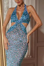 Orenthal Halterneck Rhinestone Cutout Maxi Dress Flowering Girl