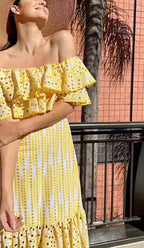 Ruffle Cold Shoulder Midi Dress In Yellow Flowering Girl