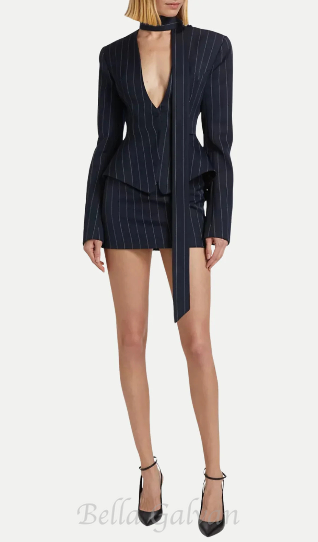 Hibyl Pinstripe Scarf Blazer in black Flowering Girl