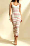 Pastel Pink Gradient Stripe Rib Knit Scoop Neck Sleeveless Midi Bodycon Dress Flowering Girl