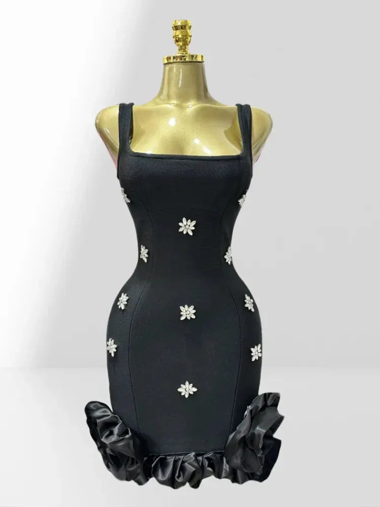 Diamonds Sleeveless Ruffles Bodycon Mini Bandage Dress Flowering Girl