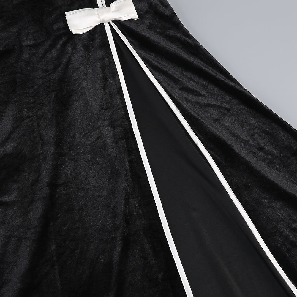 Victoria Bow Cascade Velvet Maxi Dress In Black Flowering Girl
