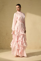 Pandora Puff Sleeve Ruffle Trim Maxi Dress In Pink Flowering Girl