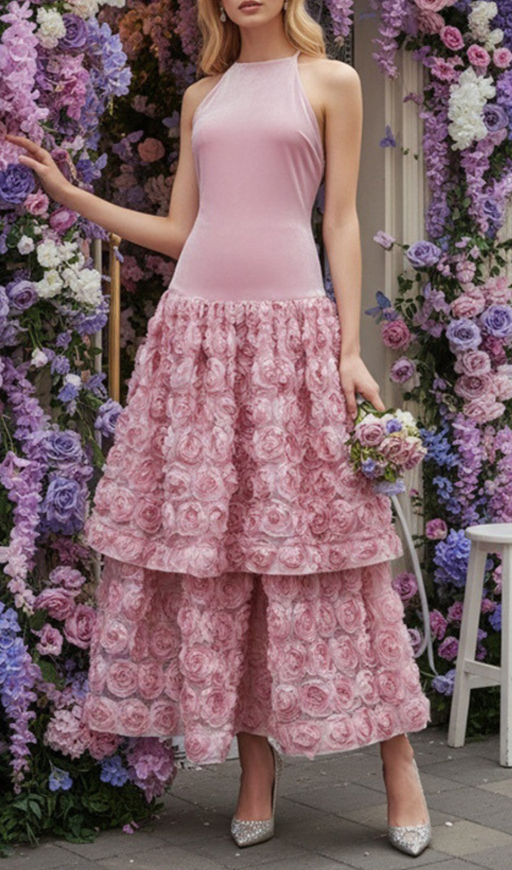 Jonila Pink Halter Flower Midi Dress Flowering Girl