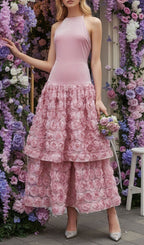 Jonila Pink Halter Flower Midi Dress Flowering Girl