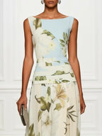 Blue And White Floral Ruffled Boat Neck Sleeveless Maxi Dress Flowering Girl
