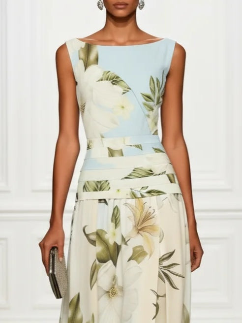 Blue And White Floral Ruffled Boat Neck Sleeveless Maxi Dress Flowering Girl