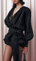 laeron V Neck Lace Bow Mini Dress In Black Flowering Girl