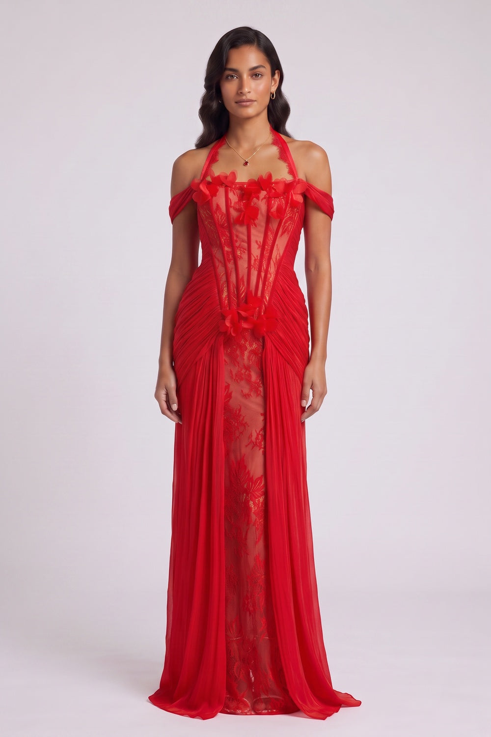 Red Halter Neck Floor-Length Gown with Floral Appliqué Flowering Girl