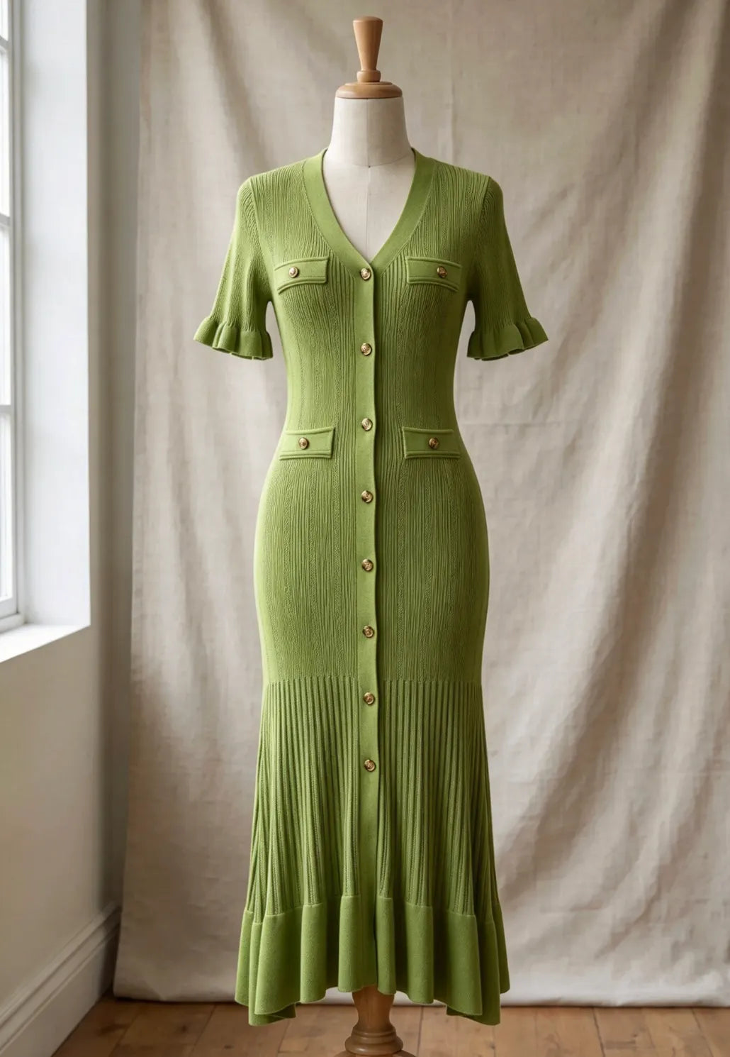 Olive Green Ribbed Knit A-Line Trumpet Midi Dress Flowering Girl
