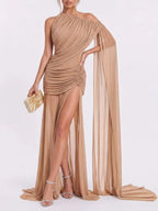 Faskel Ruched Split Maxi Dress In Coffee Flowering Girl