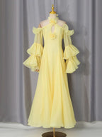 Melek Yellow Halter Flower Long Sleeve Maxi Dress Flowering Girl