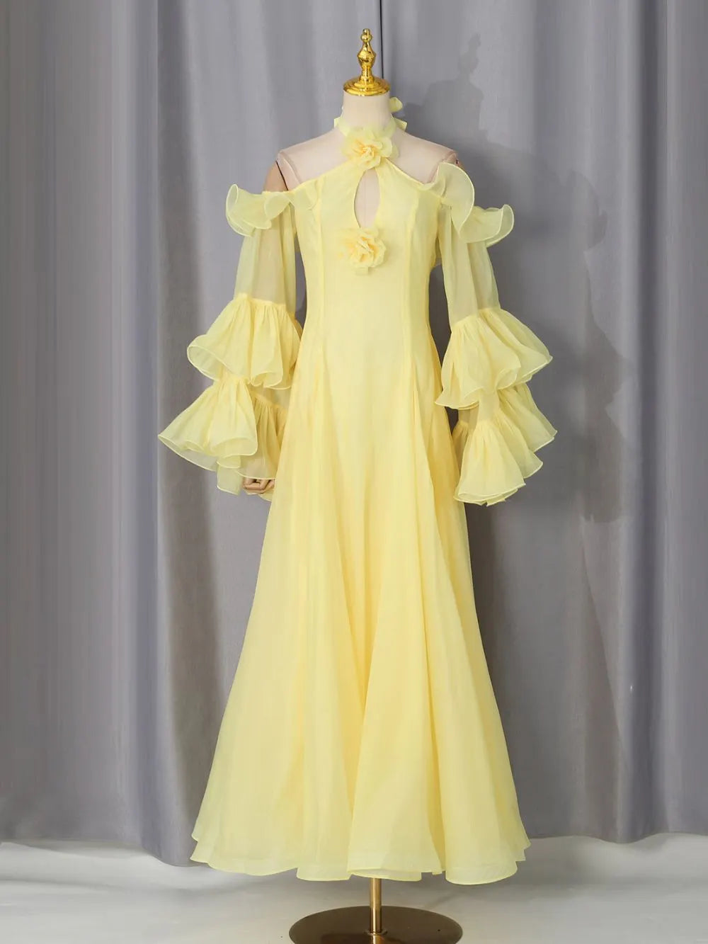 Melek Yellow Halter Flower Long Sleeve Maxi Dress Flowering Girl
