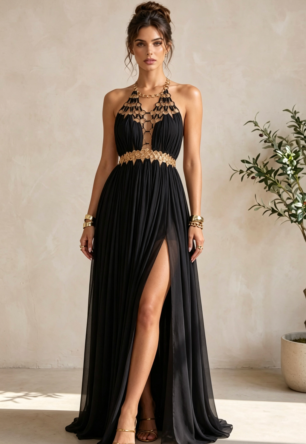 Black Chiffon A-Line Halter Evening Gown Flowering Girl