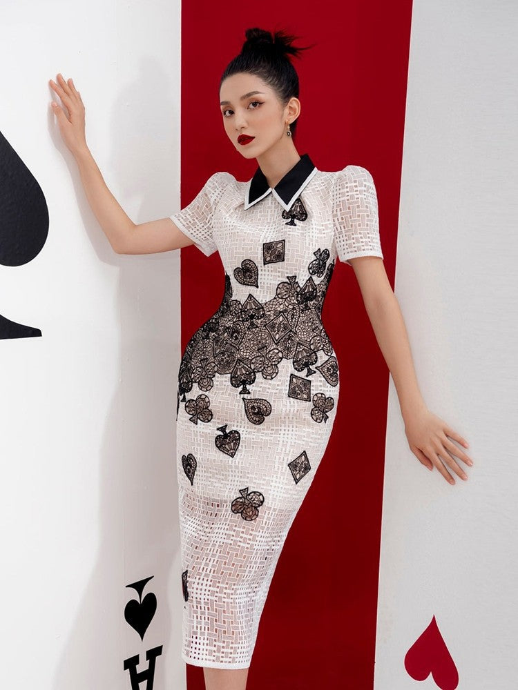 Poker Patterns Embellished Midi Dress In White Flowering Girl