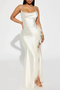 Isabella Feather Trim Satin Gown - Cream Flowering Girl
