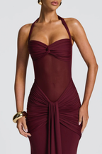 Bonao Halter Ruched Maxi Dress - Wine Flowering Girl