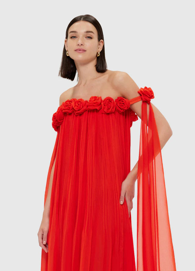 draped floor length dress in scarlet Flowering Girl