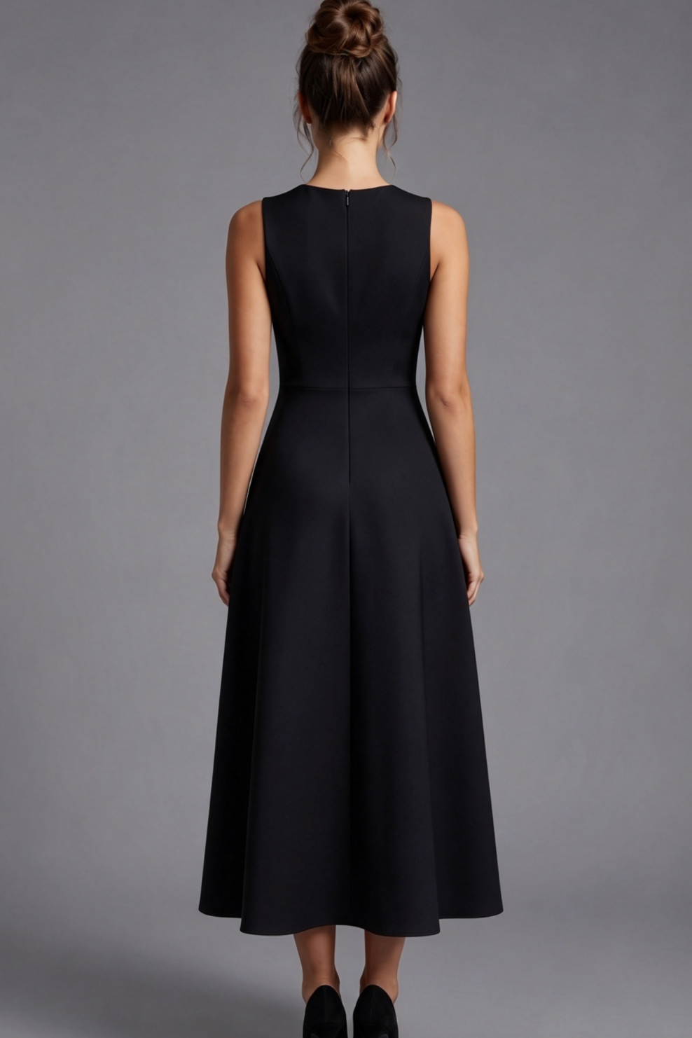 Black Structured Mid-Weight Woven A-Line Fit-and-Flare Midi Dress Flowering Girl