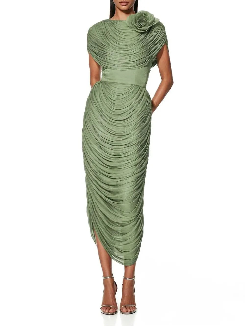 Kessari Flower Draped Midi Dress In Green Flowering Girl
