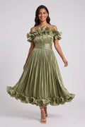 Olive Green Pleated Satin Or Taffeta Fit-And-Flare, Off-The-Shoulder Midi Dress Flowering Girl