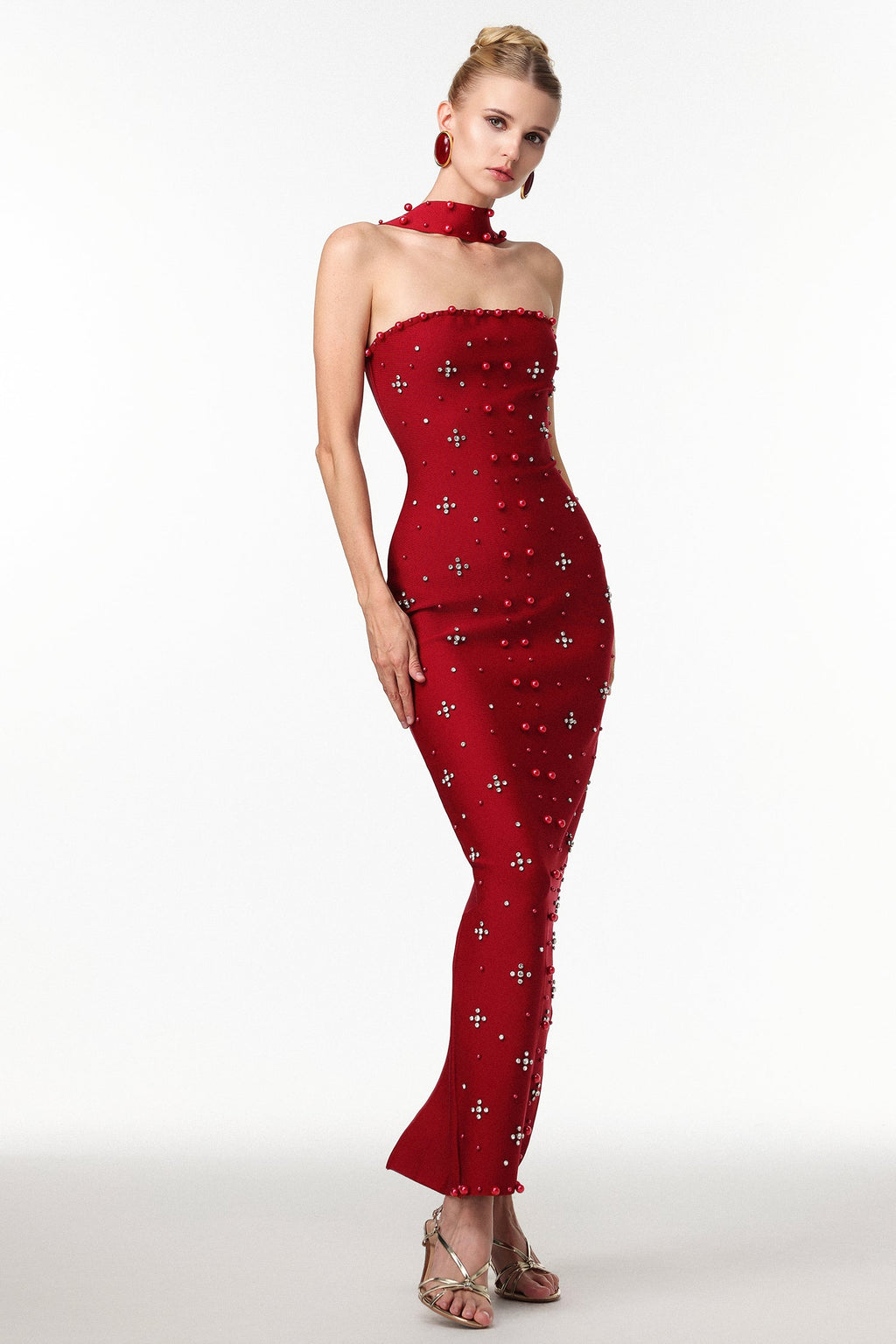Nesya Sleeveless Pearl Wine Bandage Maxi Dress Flowering Girl
