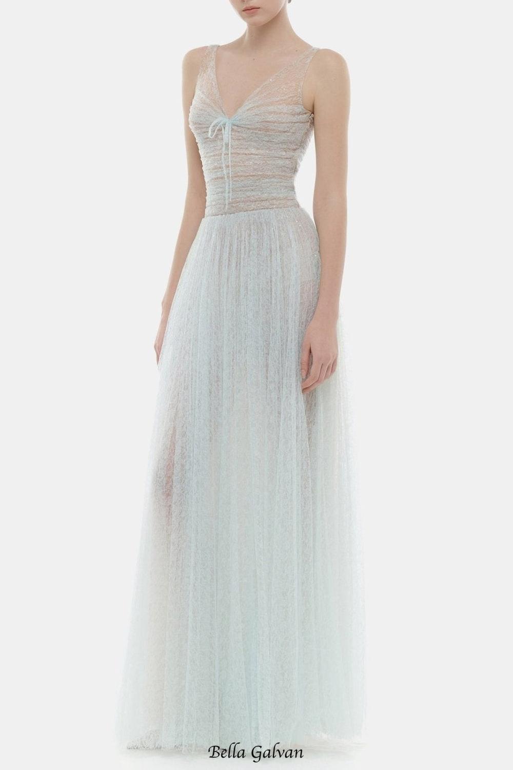 Monica Blue Draped Tulle Fishbone Maxi Dress Flowering Girl