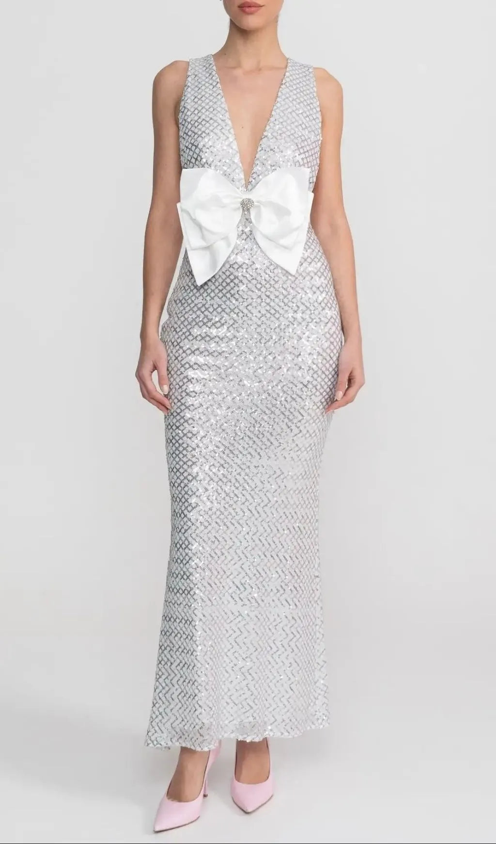 Sequin Maxi Dress With Satin Bow Detail - Light Grey Flowering Girl